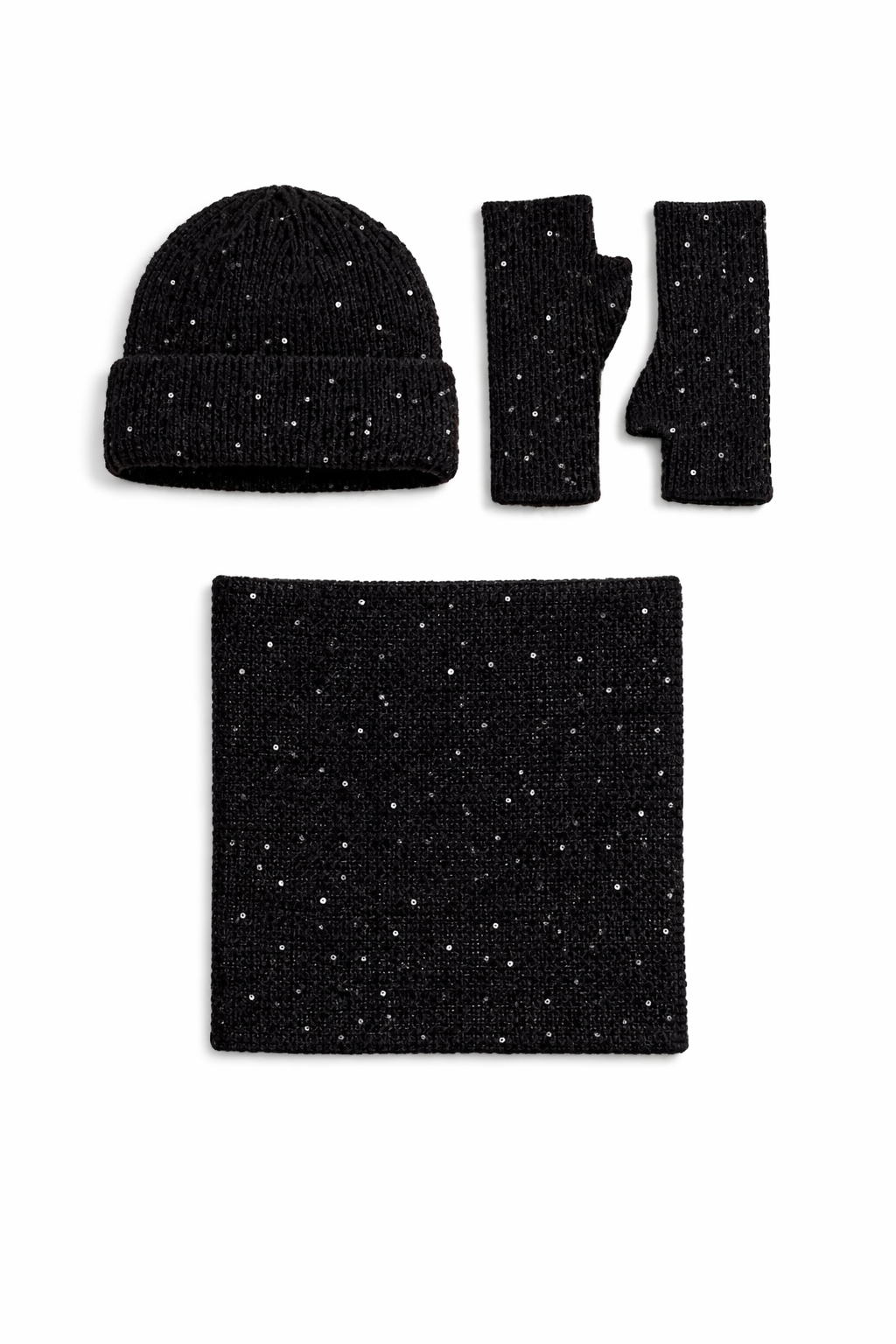 CAPPELLO + GUANTO + COLLO MAGLIA CON PAILLETTES, 35%ANGORA 65 %VI, MADE IN PRC   - BLACK
